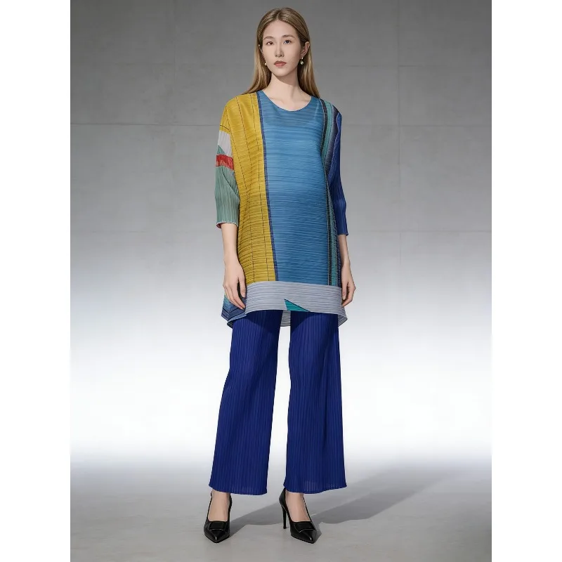 

Miyake Pleated Pants Set Printed Pleats Set 2026 Spring Autumn New Round Neck Pullover Top High Waist Wide Leg Pants 2-Piece Set
