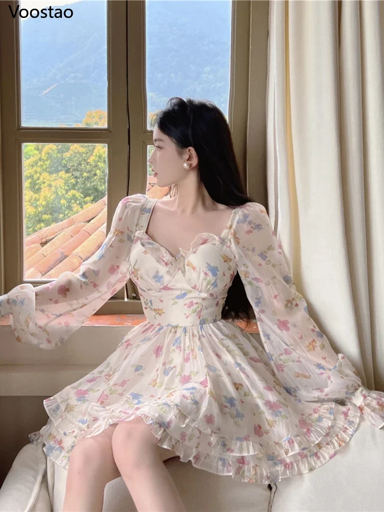 女性の花柄シフォンドレス,エレガント,長袖,フリル,パーティー,ミニ,韓国,シック,スリム,夏