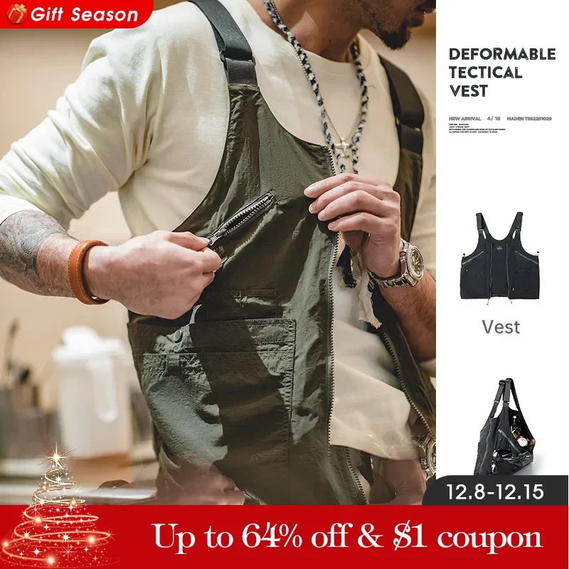 Maden 2023 New Design Male Casual Summer Big Size Sleeveless Working Vest Multi Pocket Waistcoat Large Capacity Satchel Jacket