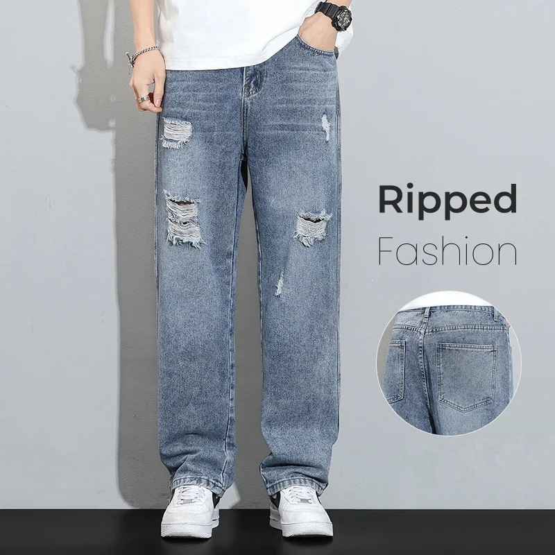 

Винтажные рваные мешковатые джинсы, мужские модные прямые уличные джинсовые брюки в стиле хип-хоп, модные эластичные свободные мужские брюки