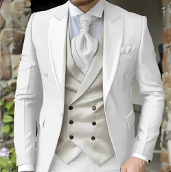 White Classic Men Suit 3 Piece Tuxedo Peaked Lapel Groomsmen Wedding Suits Set Fashion Men Business Blazer Pants Vest