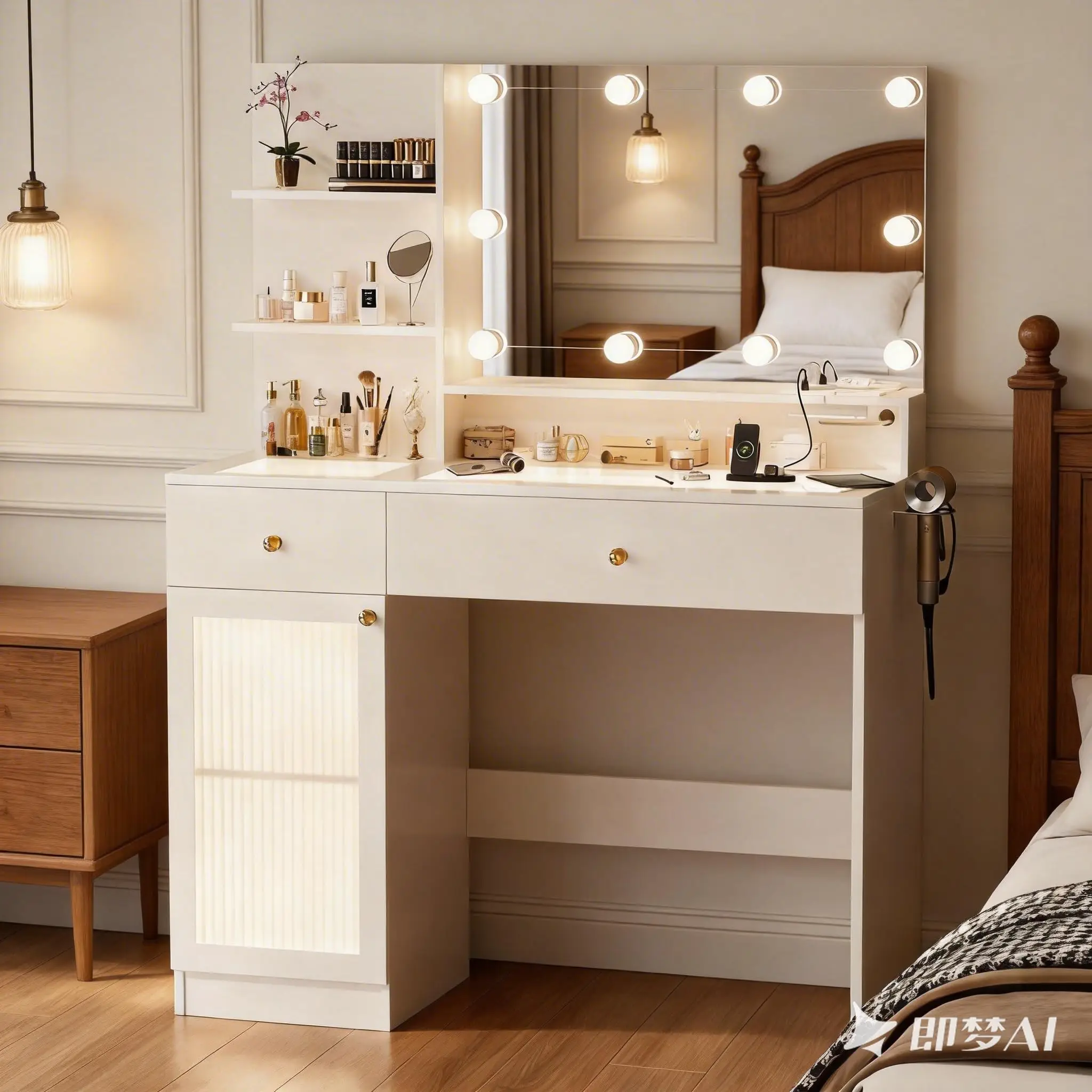 Vanity Desk with Large Mirror and Lights, Glass Top Makeup Vanity Set with Power Outlet, Drawers and Cabinet, 3