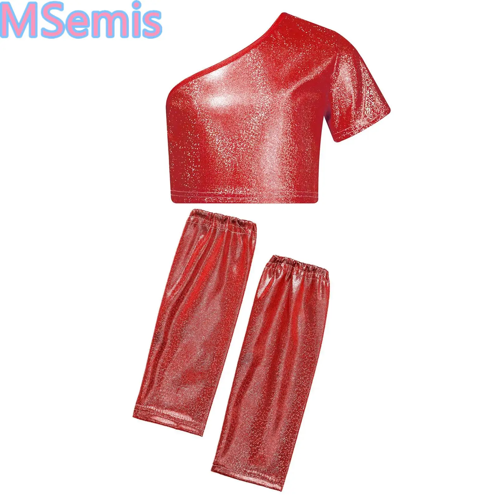 

Girls Jazz Dance Costume One Shoulder Shiny Metallic Tank Crop Top with Shimmery Gloves for Cheerleading Performance Dancewear