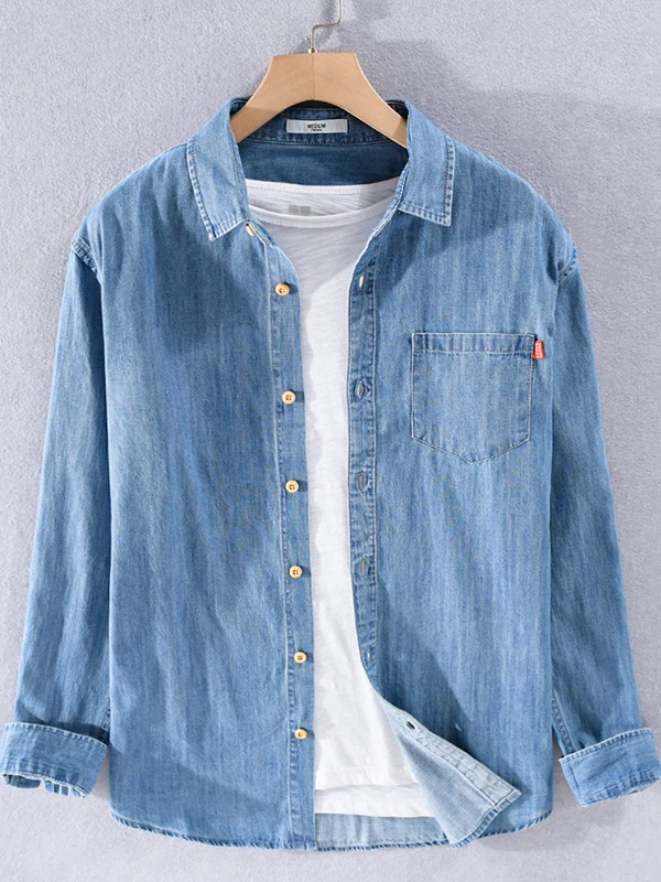 Slim Fit Cotton Denim irt for Men Light Blue Summer Casual Loose Outerwear Iron Free Button down Long Sve Pure Color