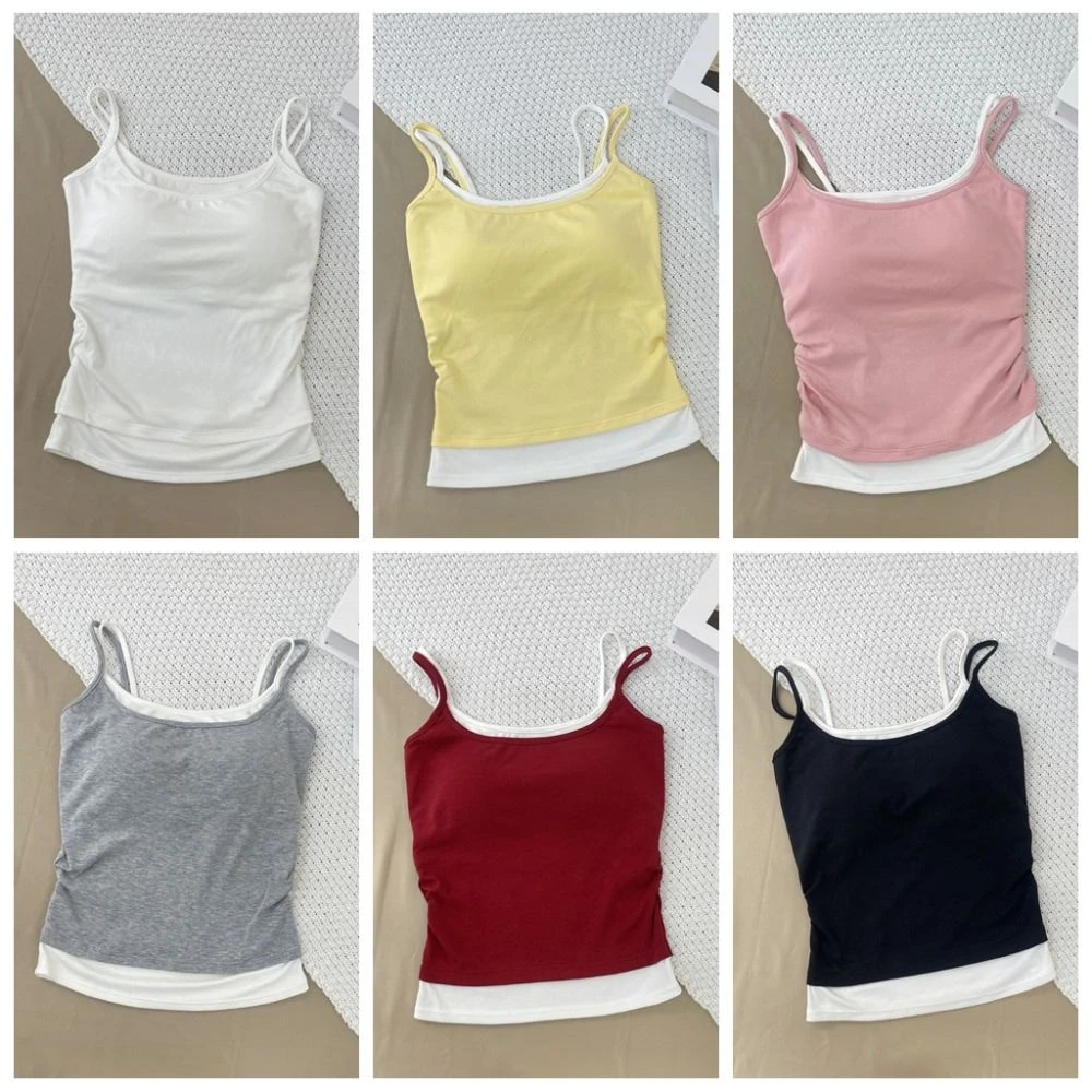 Patchworkowa bluzka bez rękawów w stylu koreańskim, imitująca dwuczęściowy komplet, dopasowana, słodka, typu tank top, podkoszulek, krótki top, idealna na plażę.