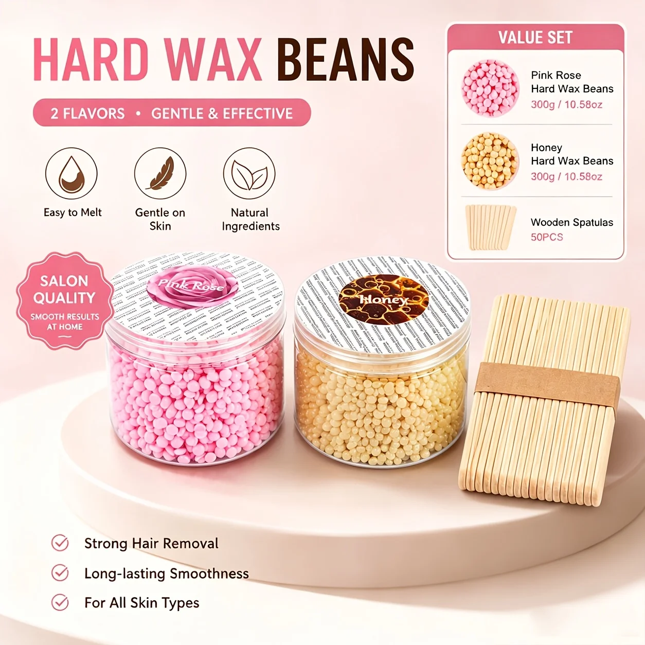 Dual Scent Hard Wax Beans Kit, 50 Applicators, No-strip Wax for Full Body Hair Removal