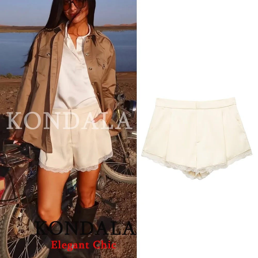 

KONDALA Women's Trendy Lace Hem Shorts Light Yellow Mini Shorts New 2026 Spring Summer Fashion Holiday Cute High Street Shorts