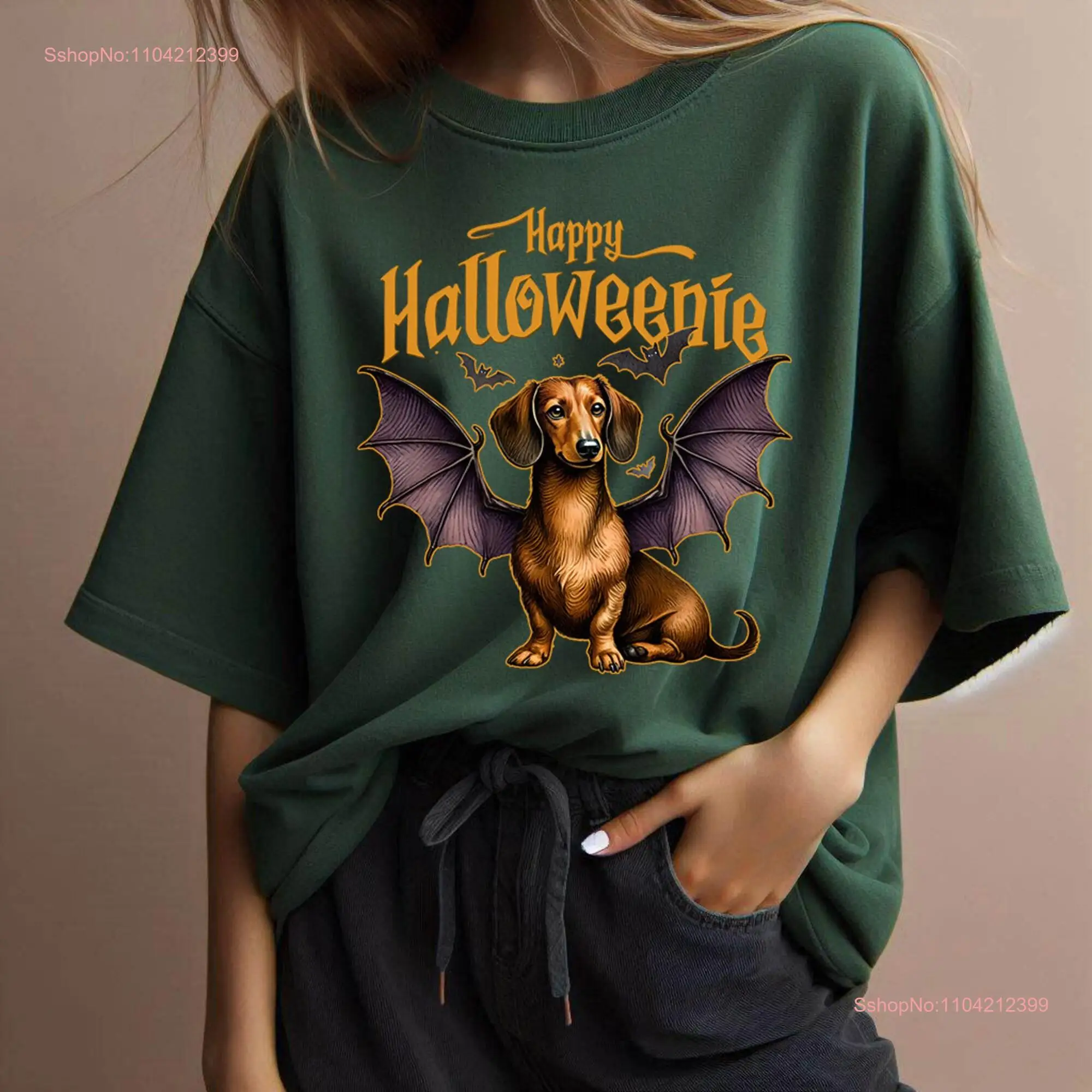 Happy Halloweenie T Shirt Funny Spooky Dachshund With Bat Wing Dog Mom Mama Lover  long or short sleeves