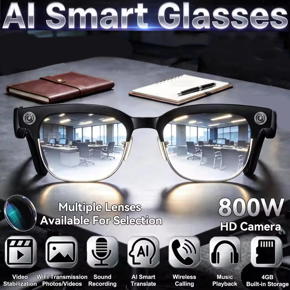 

2026 New Al Smart Photo Glasses 800W Camera anti-shake HD Video Recording Translation Voice Assistant Music BTCall Smart Glasses
