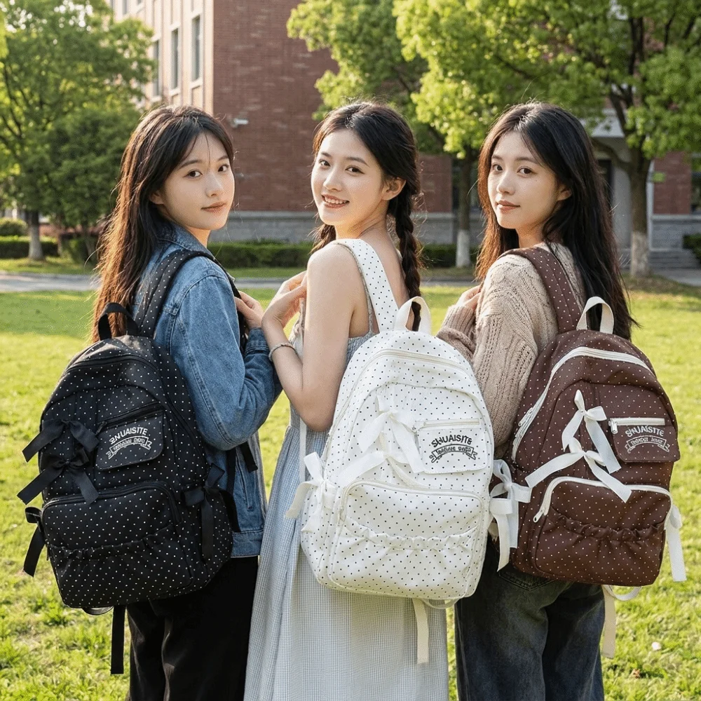 Nylon Polka Dot Bow Backpack Multi-Compartment Large Capacity Daypack Zipper Closure Polyester Lining Travel Backpack Commute