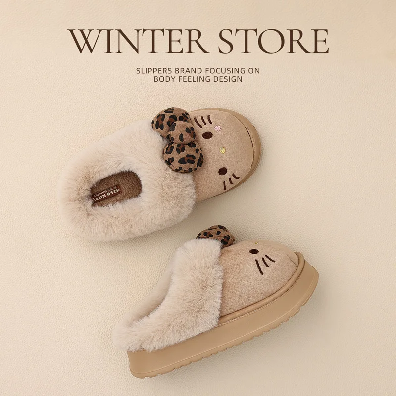 شباشب قطنية على شكل قطة للنساء بنعل سميك دافئ مبطن بالفرو للاستخدام الداخلي والخارجي في الخريف والشتاء