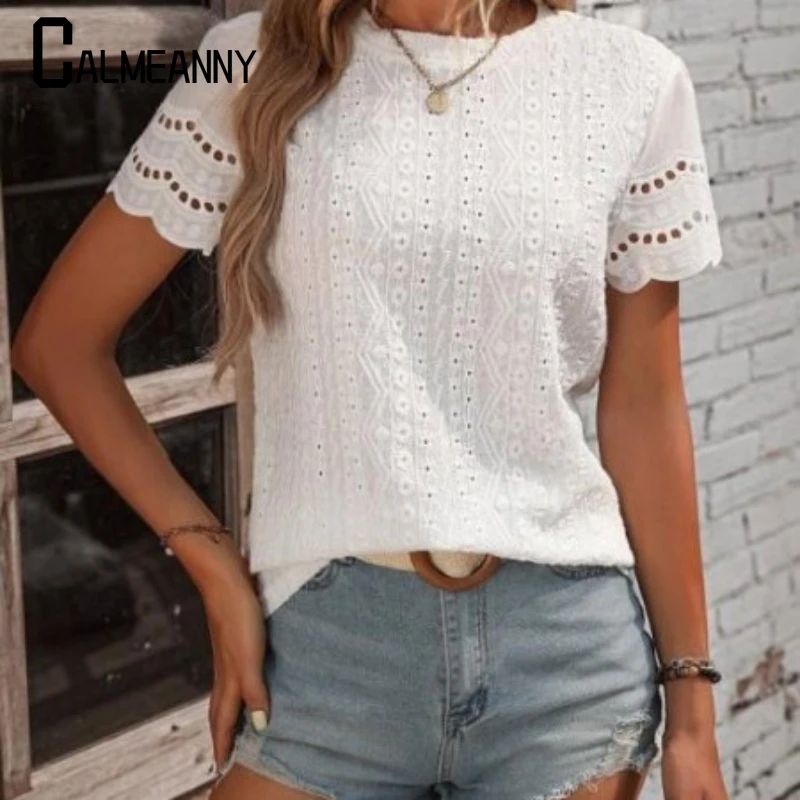 

Women's T-shirt Cotton Tops 2025 Spring Summer Y2K Casual Loose Versatile Street Hollowed Out Simple Solid Color V Casual Shirt