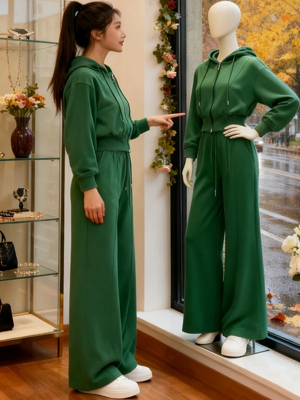 

Green Casual Sportswear Set Women's Spring 2026 New Style Age-Defying Trendy Short Sweatshirt Wide Leg Pants Two-Piece Set