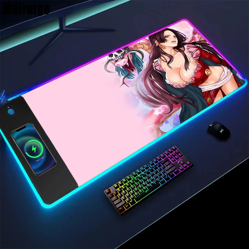 Mairuige Boa Hancock RGB Wireless Charging Mouse Pad Led Mousepad Speed Keyboard Pad Desk Accessorys Deskpad Gaming Mouse Mat