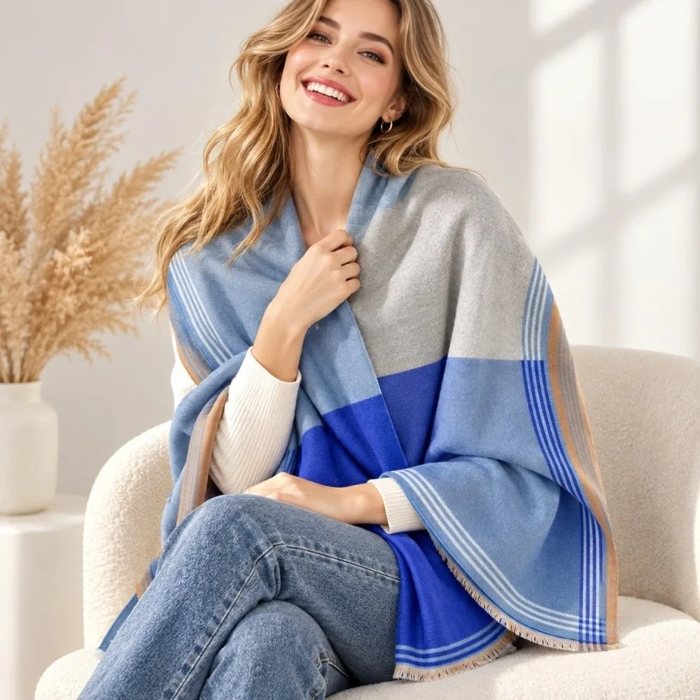 Luxury Warm Double Sided Scarf Soft Thick Cashmere Feel Scarf Plaid Pattern Over-Sized Large Shawl Wrap Winter