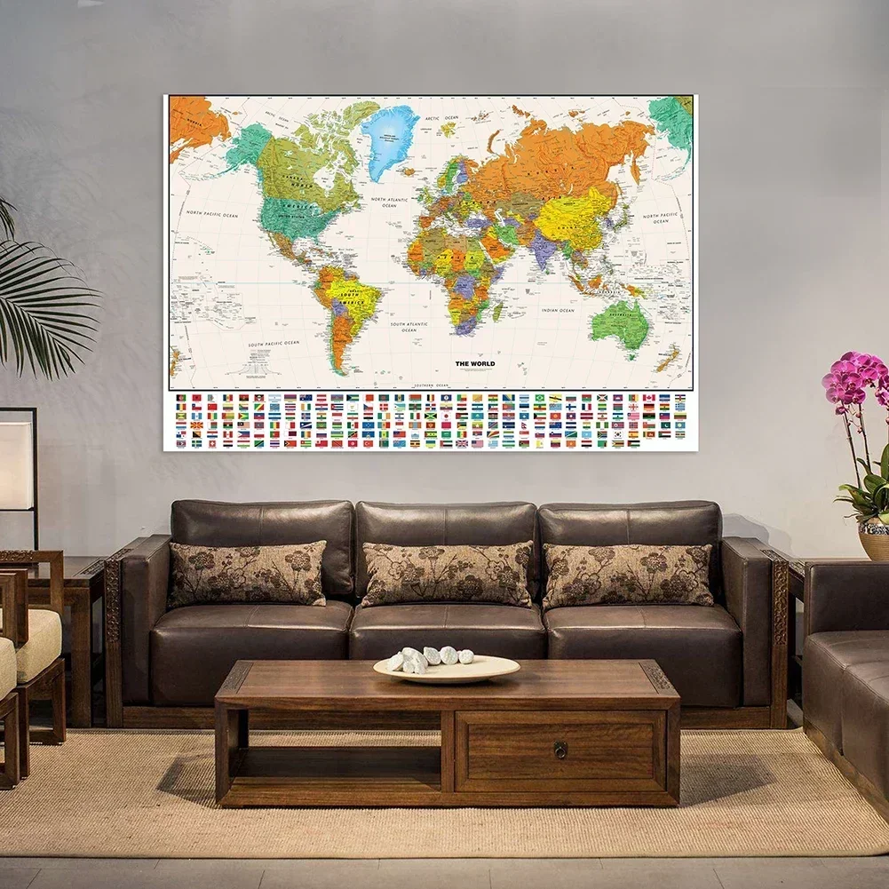 150x100cm World Map Large Poster Backdrop with Flag for Education and Culture Non-woven Spray Physical Map Painting Home Decor