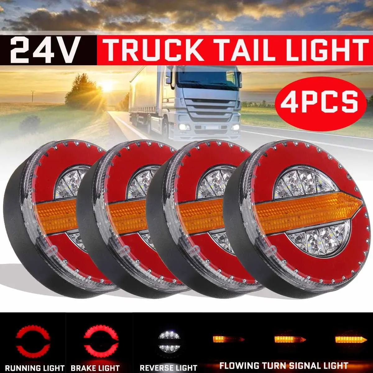 

4Pcs 24V LED Round Tail Light Trailers Sequential Dynamic Turn Signal Brake Reverse Rear Lamp For Truck Tractor Trailer Van