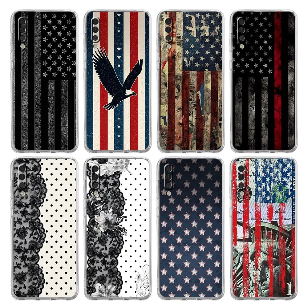 Black Lace Spots USA Flag Phone Case For Samsung A56 A36 A26 A24 A12 A14 A16 A50 A70 A22 A40 A32 A34 A54 A42 A52 5G A06 Cover