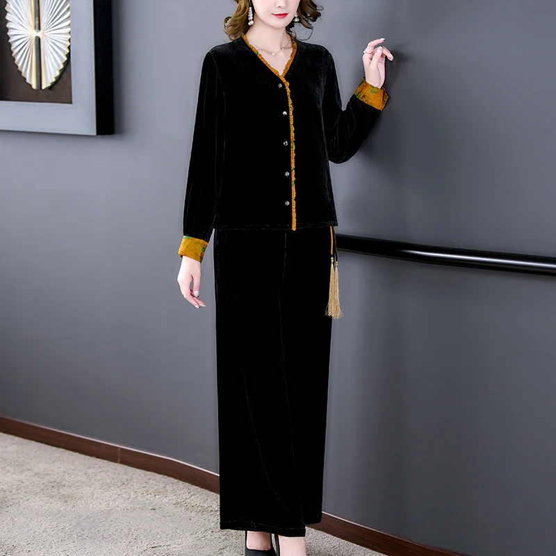 Women Black Velvet Suit 2022 Spring Fashion Pullover Tops And Full Pants Two Piece Set 5XL Female Velvet Pants Set