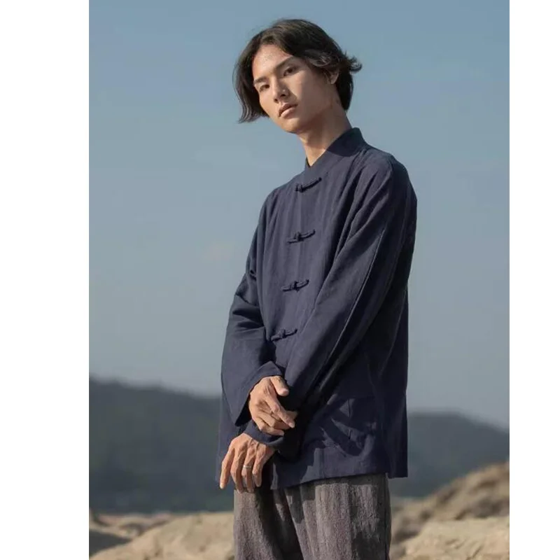 Chinese Traditional Tang Dynasty Hanfu For Men Ethnic Style Shirt Standing Collar Blouse Cotton Linen Kungfu Wuxia Jacket Tops