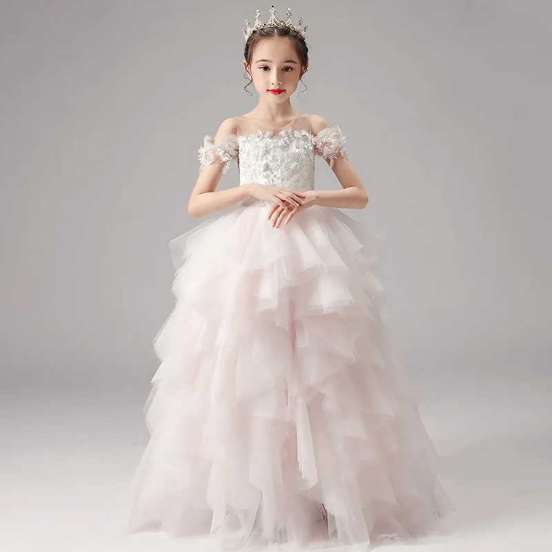 Flower Girls Lace Tutu Dress Long Princess Dresses Children Cold Shoulder Very Elegant Evening Gown Graduation Party Dress