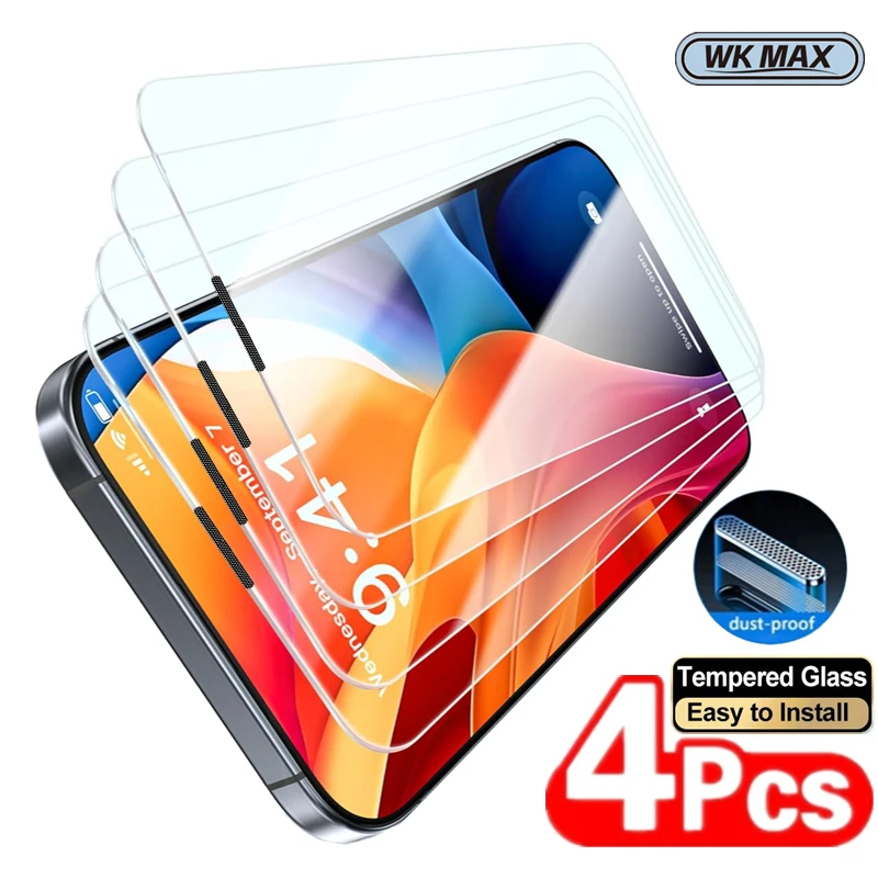 

4Pcs WKMAX HD Tempered Glass for iPhone 17 16 15 14 13 12 11 Pro XR X XS Max Plus Screen Protector for iPhone 16 Pro Max Glass