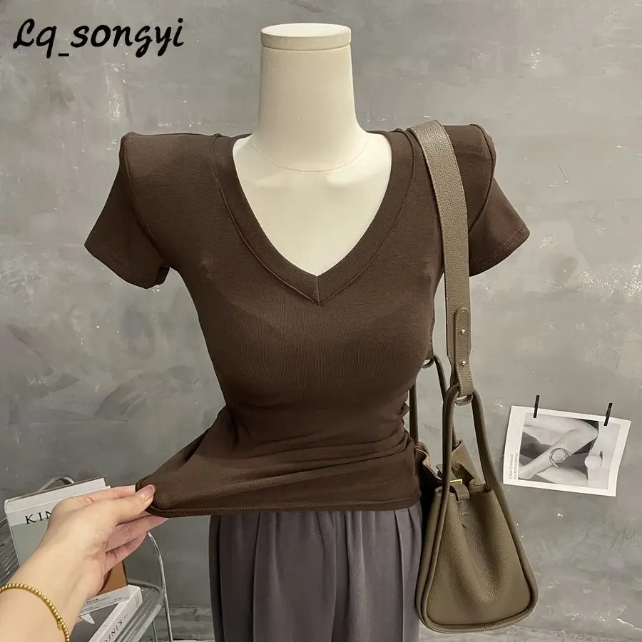 Lq_songyi Met Schoudervullingen! V-Hals T-Shirts Hoge Strecth Korte Mouw Koreaanse Pop Effen Tops Zomer Vrouwen Basis Slim T-Shirt