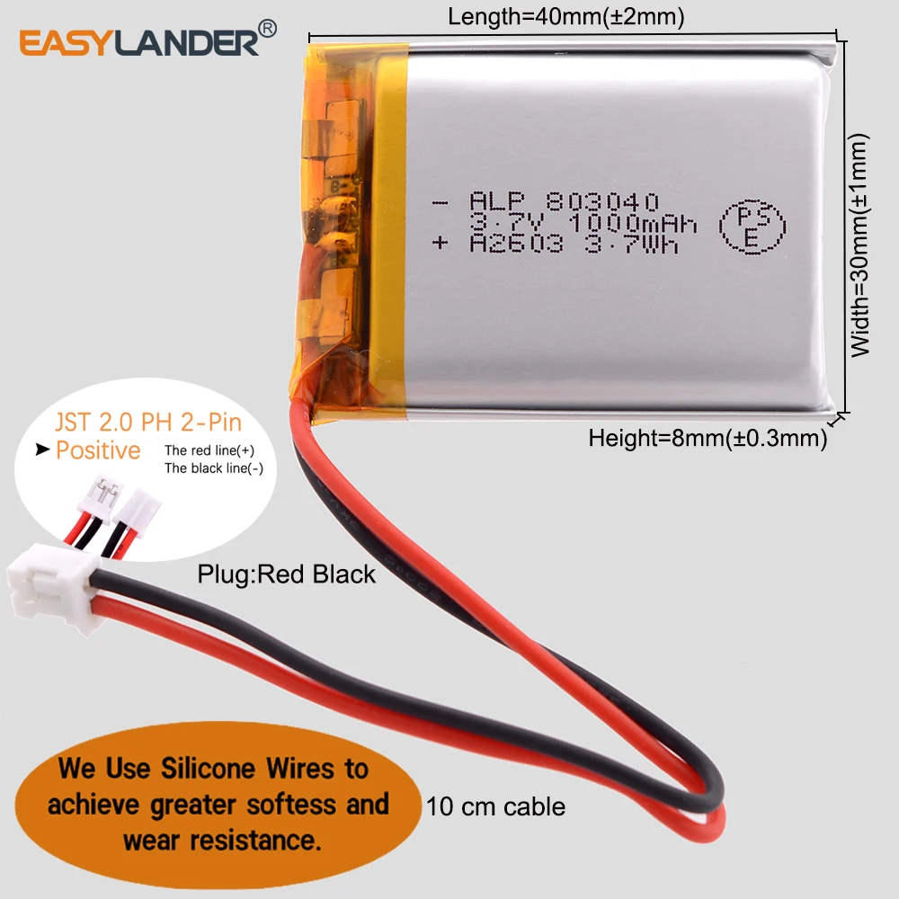 1/4/10/20 Pcs Silicone Wires JST2.0 2P 803040 3.7V 1000mAh Rechargeable Li-Polymer Li-ion Battery Lipo Batteries