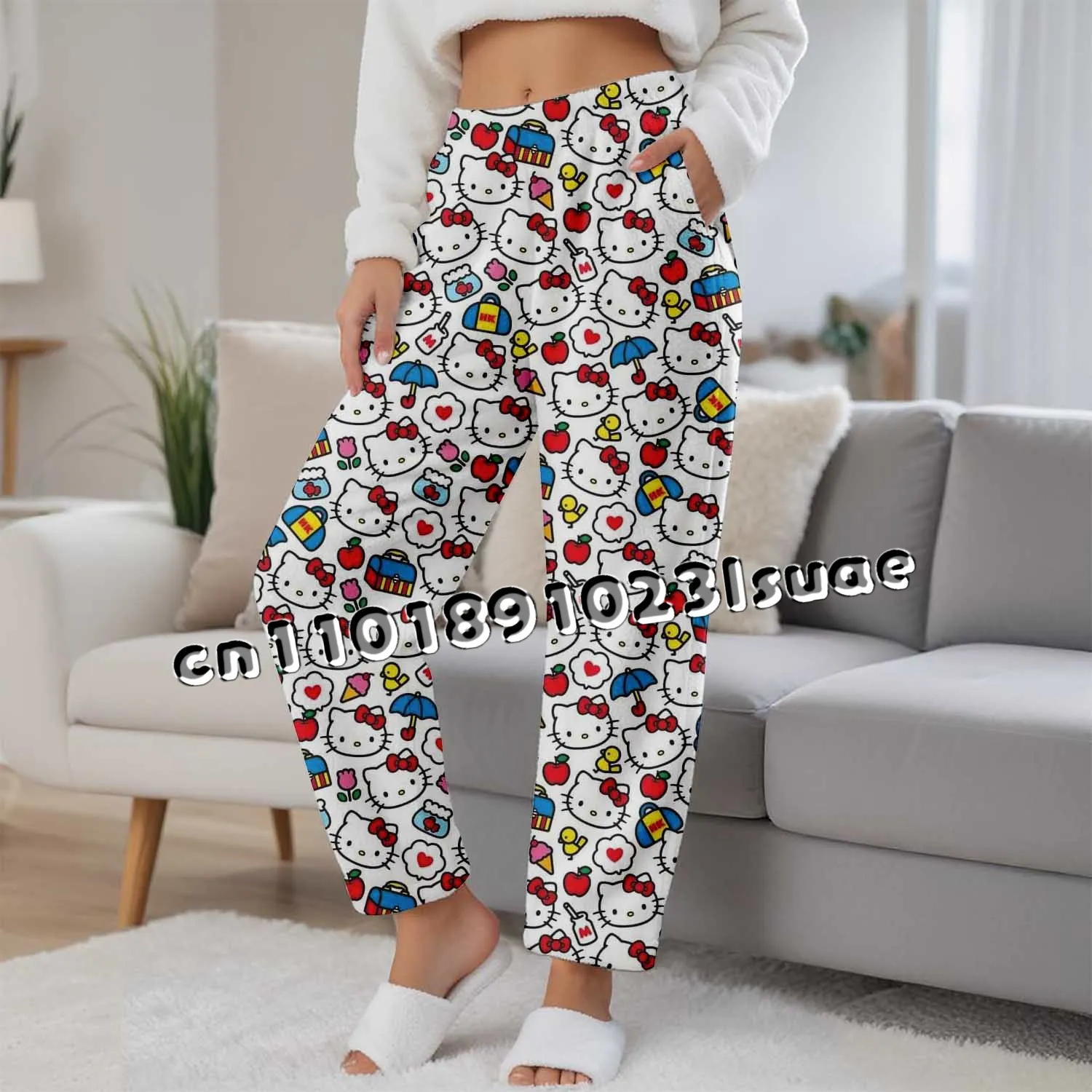 

Hello Kitty Flannel Sleepwear Pants Anime Cartoon Sanrio Home Pants Couple Sleepwear Parent-child Cute and Casual Warm Sleepwear