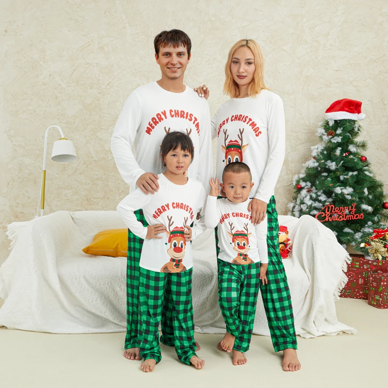 Christmas Family Matching Pajamas Set Reindeer Print O-Neck Long Sleeve Tops Plaid Long Pants Xmas nightwear for Parents Kids