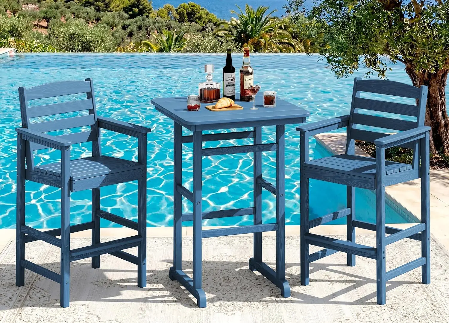 Blue 3-Piece HDPE Bar Height Adirondack Patio Set, All-Weather Outdoor Bar Furniture with 2 Pub Height Adirondack Chairs & Matching Bar Table for Balcony Backyard