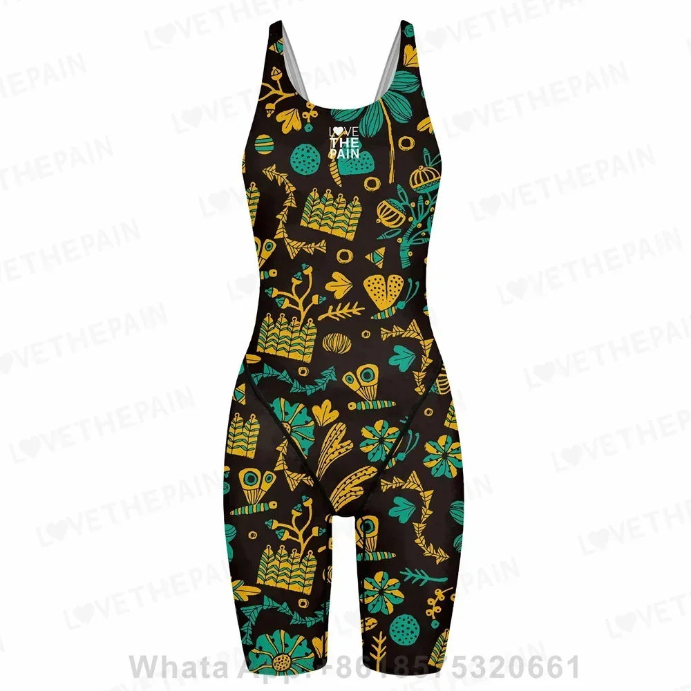 Girls Love The Pain Racer Back Knee Length Swimsuit Bodysuit Sleeveless One Piece Print Swimwear For Holiday Beach Water Sports