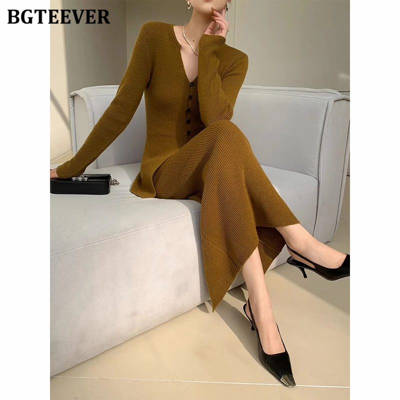 BGTEEVER Autumn Winter Vintage Slim Ladies Skirt Set V-neck Single-breasted Cardigans Sweaters Women Package Hip Skirts