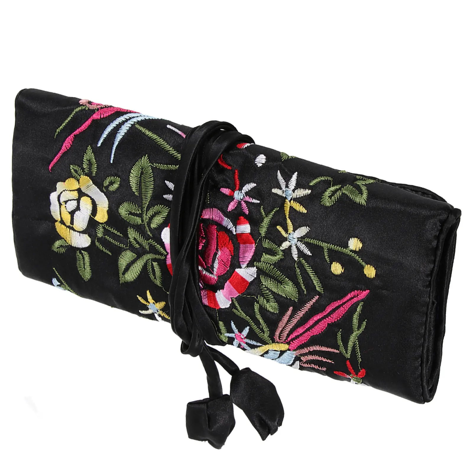 Handmade Embroidered Jewelry Roll Bag Black Silk Satin Chinese Floral Pattern Large Pocket Travel Storage Organizer