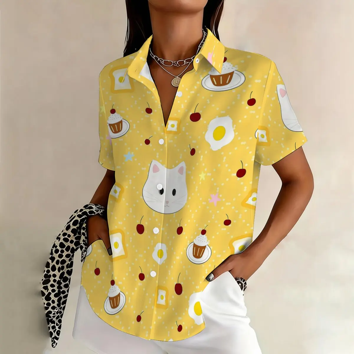 

Simple cartoon cat print summer women's plus size lapel short sleeved shirt, personalized and fashionable daily versatile top