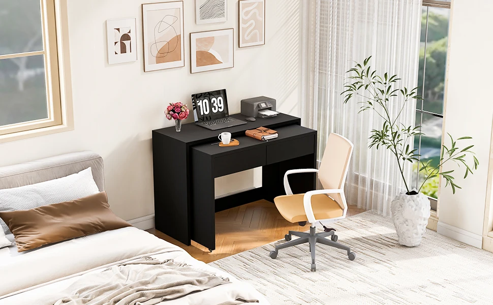 Regalschreibtisch 2-in-1 ausziehbar mit Kommode, faltbarer Schreibtisch mit Rollen, platzsparend & multifunktional – Detail 3