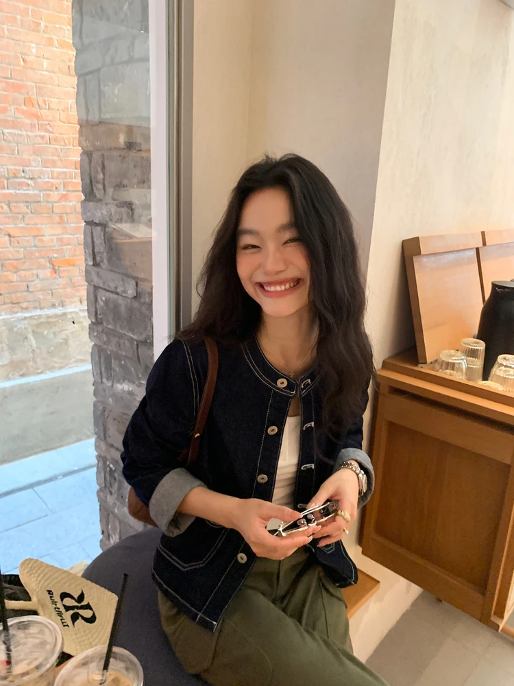 

Pusumede Casual Loose Women's Denim Jaet round Ne Retro Sle Versatile Cotton Polyester Blend Warm Autumn Spring Outerwear