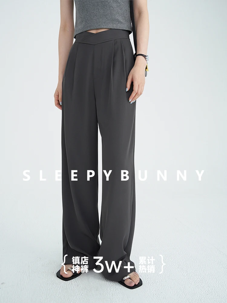 Women High-Waist Gray Wide-Leg Trousers 2025 Spring Autumn Petite Loose Fit Straight Suit Pants Elegant Casual Draped Slacks