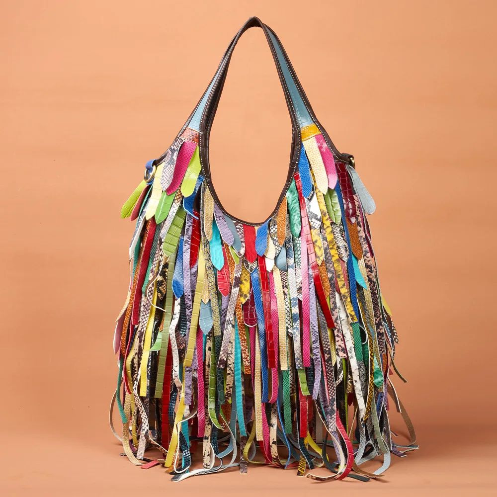 

Women's Shoulder Bag Large Capacity Genuine Leather Colorful Tassel Stylish Hobo Random Color