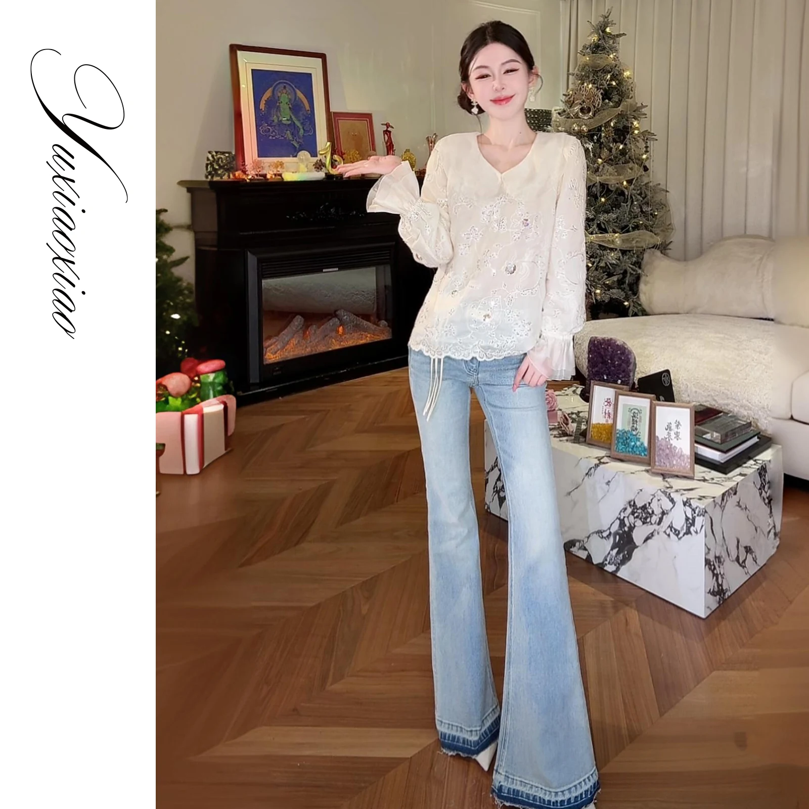 

High Waist Flared Jeans Retro Layered Cuff Color Blo Cotton Denim Women's Spring Faion Pants by Yuxiao Xiao