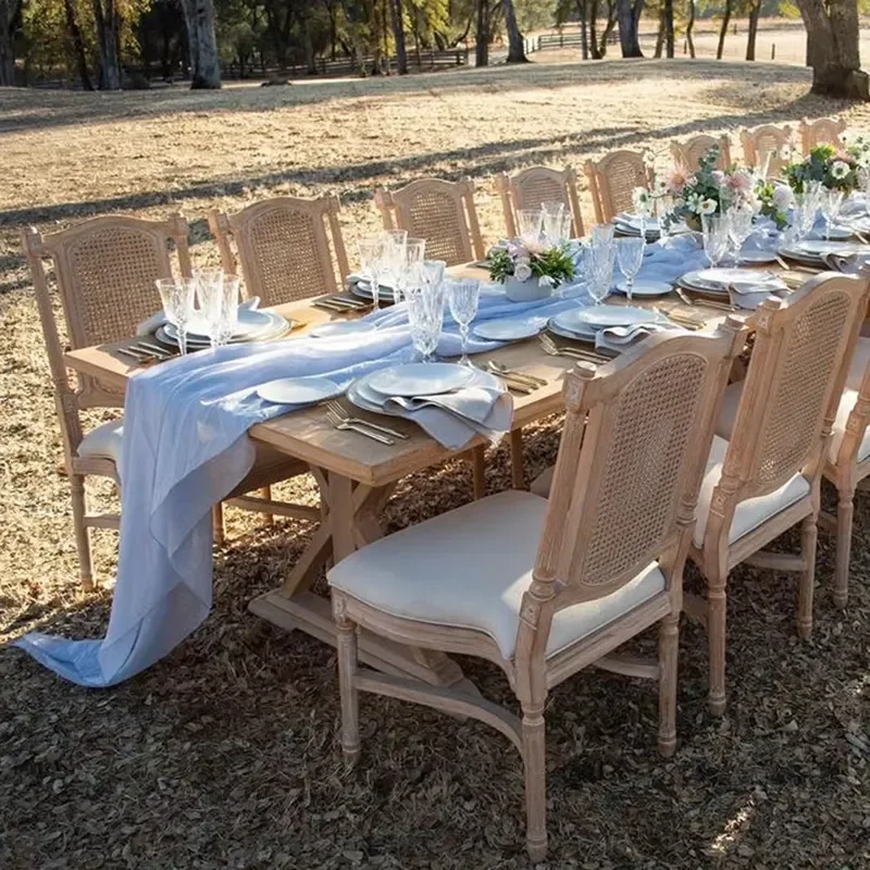 French Country Solid Oak Wood Foldable Rectangle Dining Table for Wedding Banquet Event
