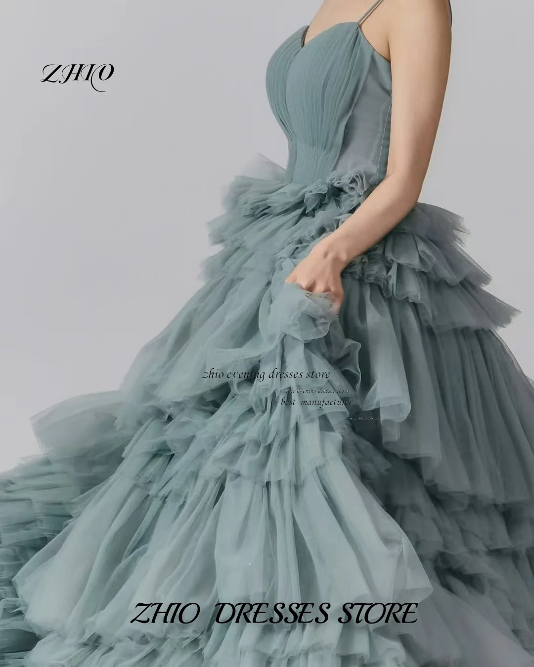 ZHIO Dusty Blue Fairytale เกาหลี Tulle ชุดราตรี A-Line สปาเก็ตตี้สายรัด Fluffy Layered แฟชั่นชุดราตรีที่กําหนดเอง