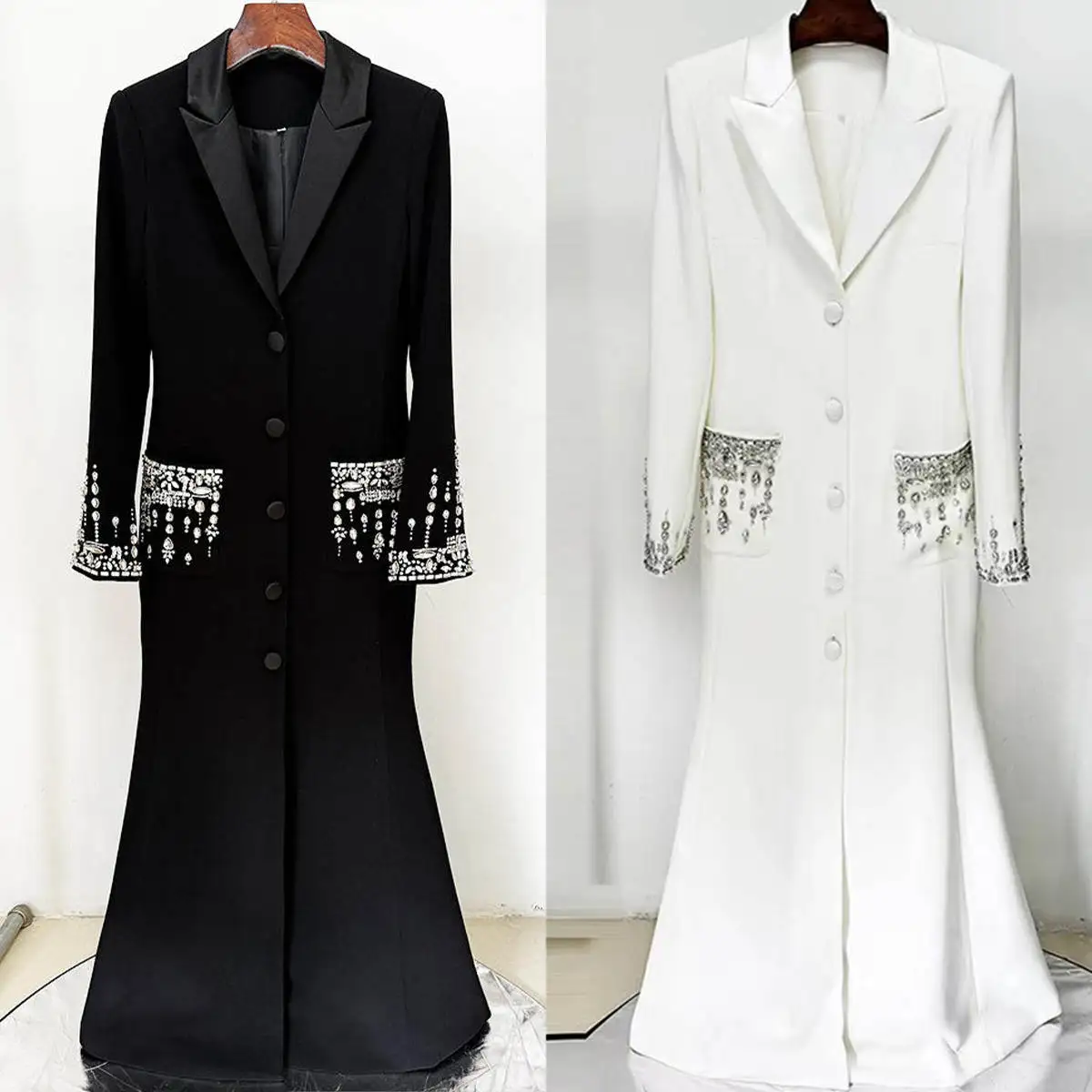 

Women Long Blazer Dress Slim Crystal Beading V Neck Jacket Prom Evening Guest Formal Wear Custom Made One Piece