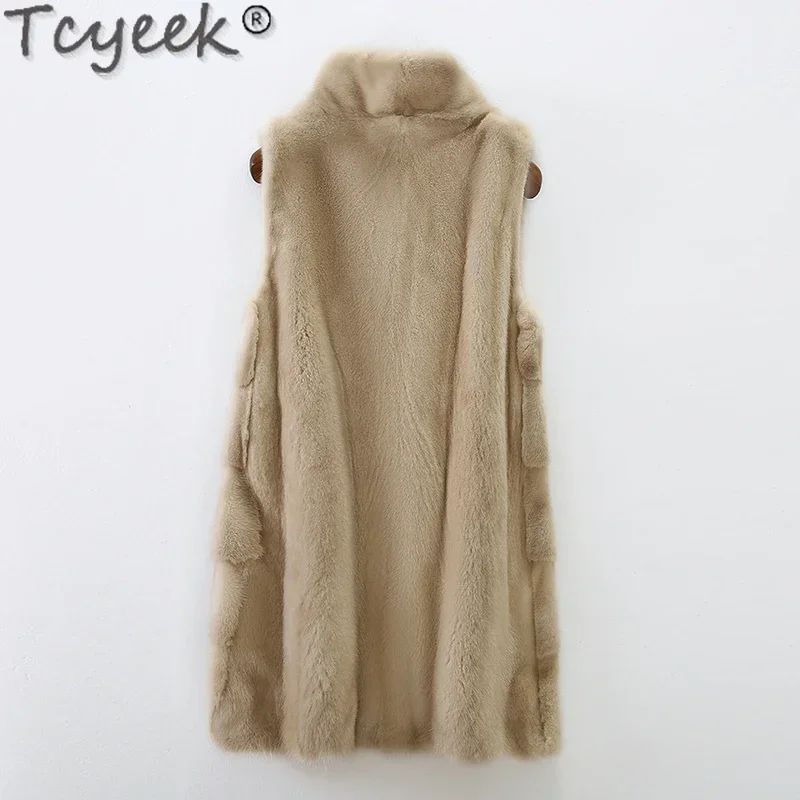 Tcyeek-chalecos de piel de visón Natural para mujer, abrigo de piel Real a la moda, chaqueta sin mangas de Invierno para mujer, Chaleco de cuello en