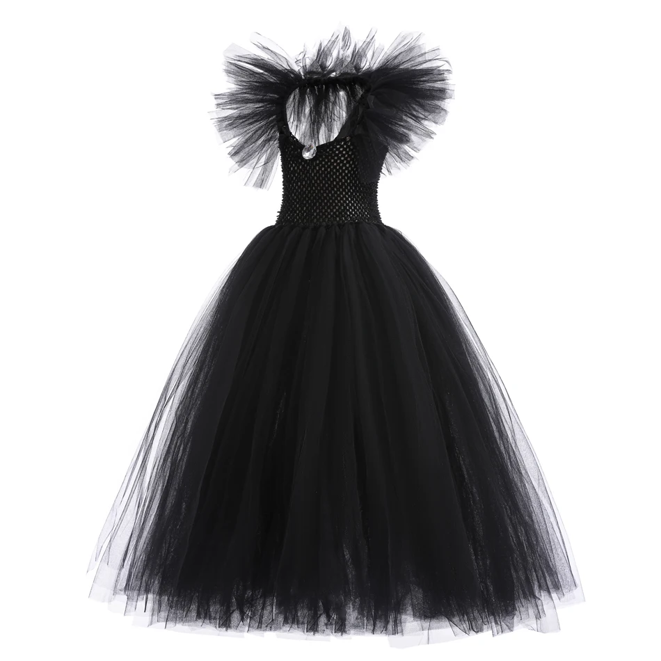 Black Witch Princess Dress Kids Tulle Tutu Ruffles Frocks Evil Queen Cosplay Costumes Girls Maleficent Halloween Birthday Gown