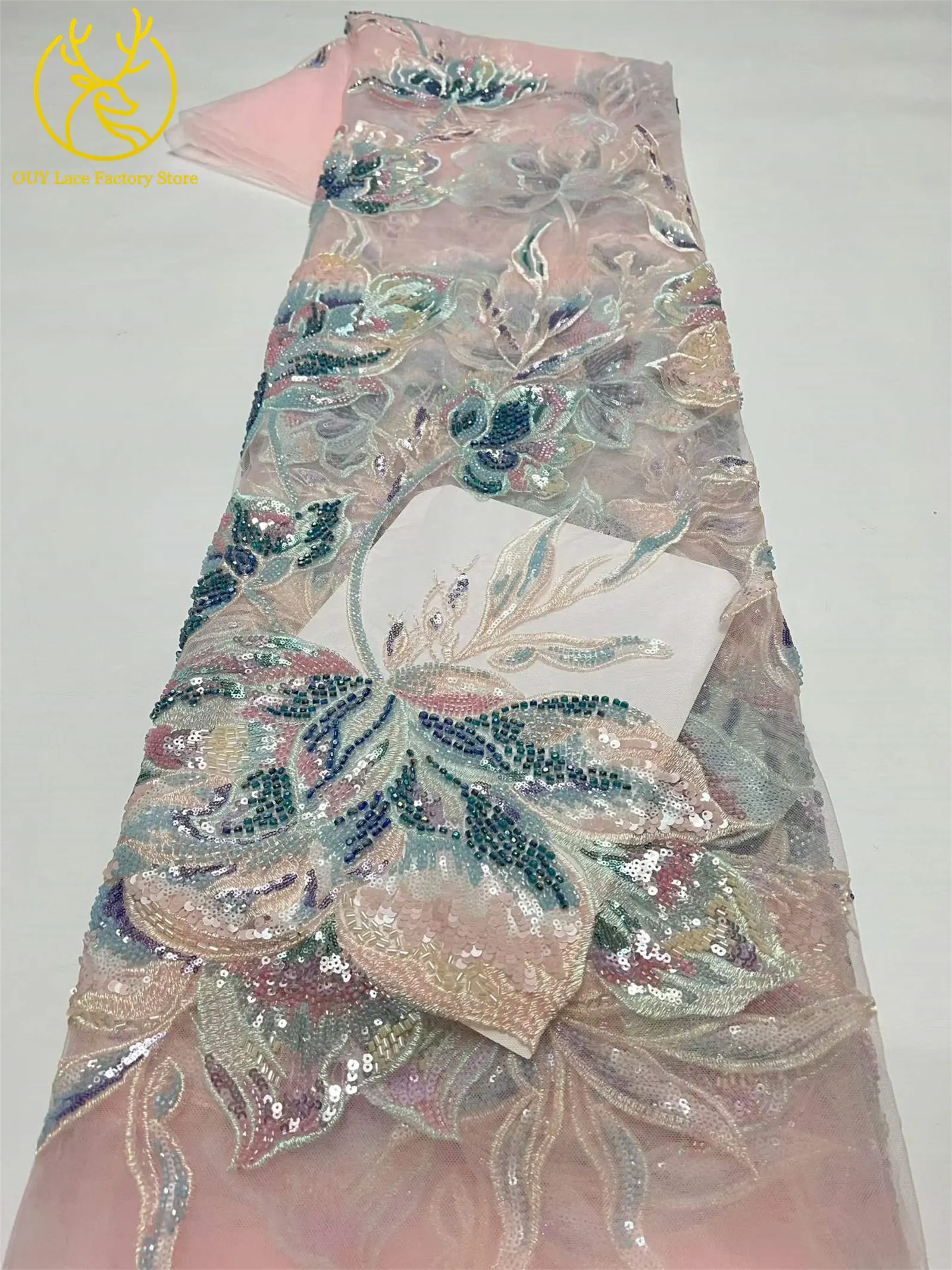 Luxuriöser afrikanischer Brautkleidstoff mit Stickerei, großen Blumen und Perlen, 5 Yards, hochwertiger französischer Pailletten-Spitzenstoff zum Nähen von Kleidern – Detail 9