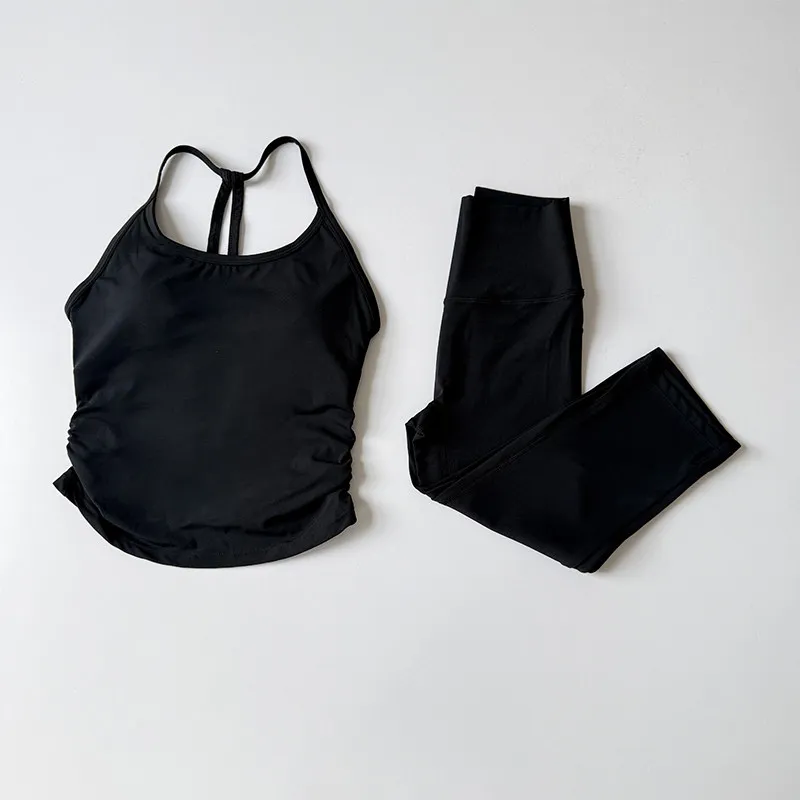 2-teiliges Nude High-Waisted Butt-Lifting Yoga-Set: Fitness-Cropped-Leggings, Sport-BH, stoßfestes Trainings-Oberteil und -Unterteil. – Detail 8