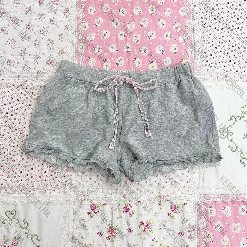 

Emo Girls Vintage Grey Women's Shorts Lace Straps Cute Sexy Solid Ruffles Fashion Y2K Shorts Harajuku Chic Casual 90s Streetwear
