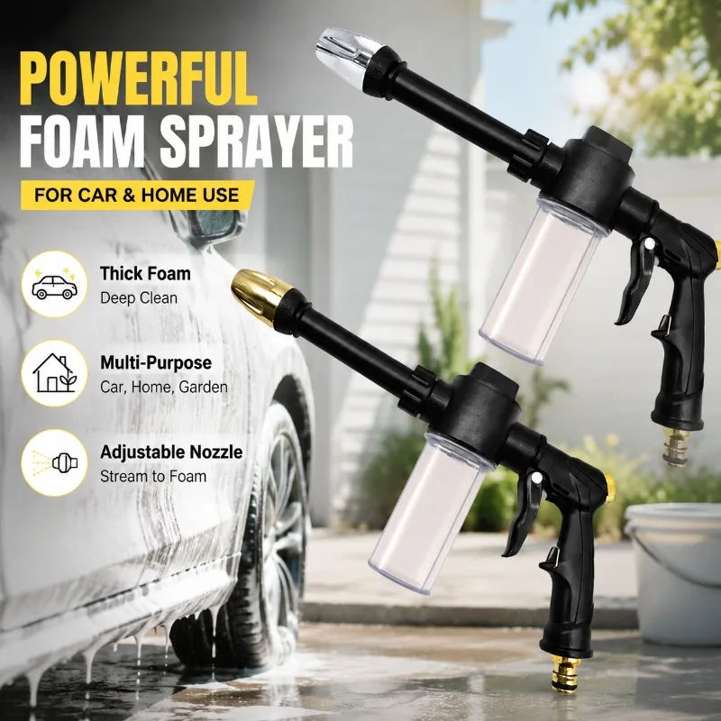 Long Handle High Pressure Car Washing Water Gun Household Foam Nozzle Sprayer Metallic Gun Head for Flower Watering Garden