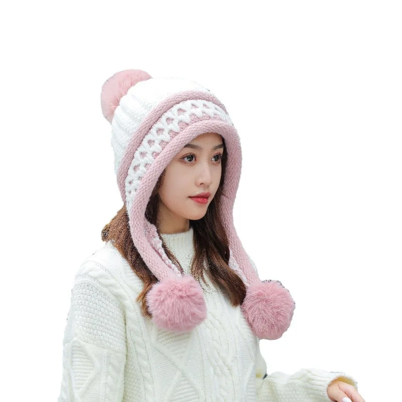 Women Winter Peruvian Cover Ears Beanie Hat Ear Flaps Sherpa Ski Snow Hats Knit Fleece Lined 3 Pom Pom